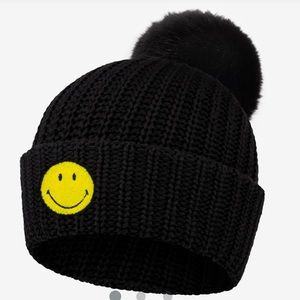 NWT Love Your Melon Smiley Chenille Patch Black Pom Beanie